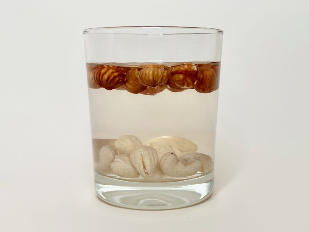 Glas, gefüllt mit Wasser, in dem oben Haselnüsse und unten Cashewkerne schwimmen